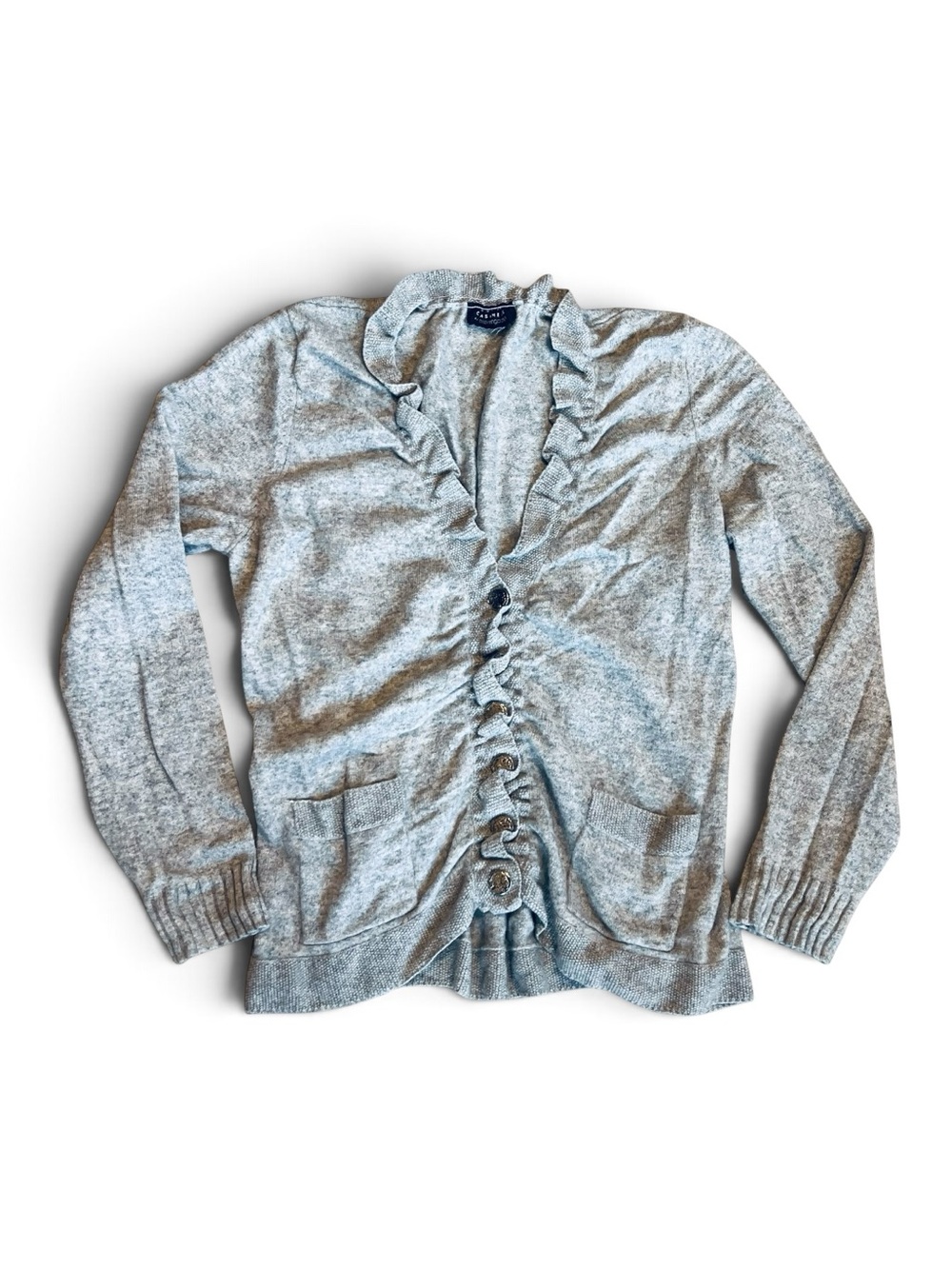 Bloomingdale’s Women’s Sz M Gray Cashmere Cardigan Sweater Ruffle V-Neck